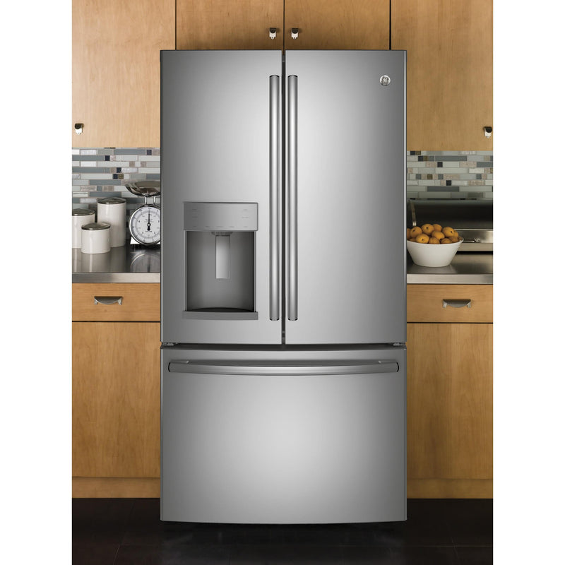 GE 36-inch, 27.8 cu.ft. Freestanding French 3-Door Refrigerator with Ice and Water Dispensing System GFE28GSKSS IMAGE 8