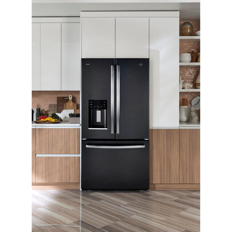 GE Profile 33-inch, 17.5 cu. Ft. Counter depth french-door refrigerator with integrated ice and water dispenser PYE18HBLKTS IMAGE 12