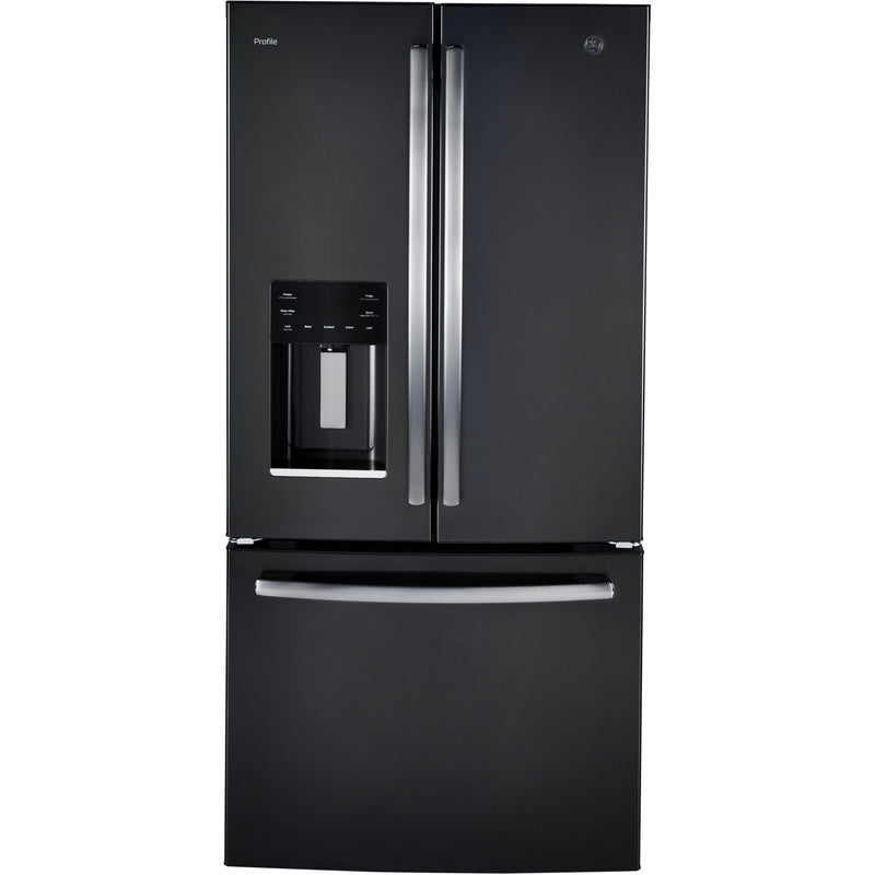 GE Profile 33-inch, 17.5 cu. Ft. Counter depth french-door refrigerator with integrated ice and water dispenser PYE18HBLKTS IMAGE 1