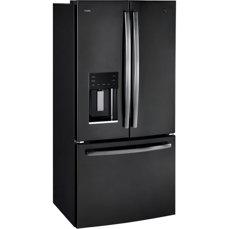 GE Profile 33-inch, 17.5 cu. Ft. Counter depth french-door refrigerator with integrated ice and water dispenser PYE18HBLKTS IMAGE 2